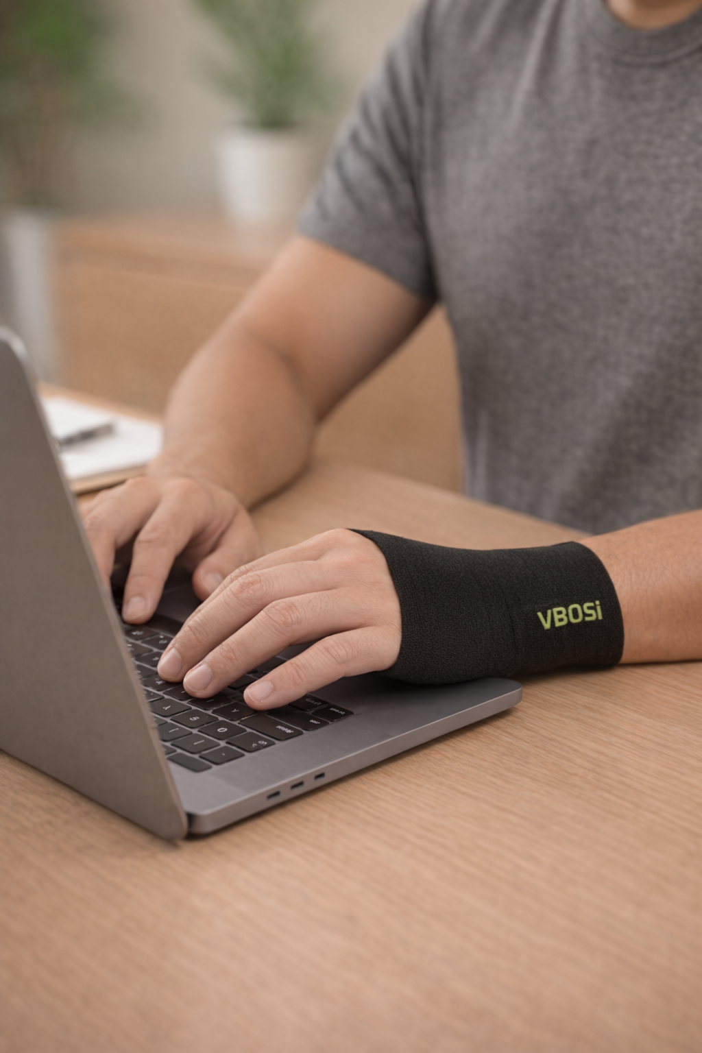 Guante de compresión negro con logo VBOSI en verde, brindando soporte ergonómico a la muñeca mientras se escribe en un portátil.