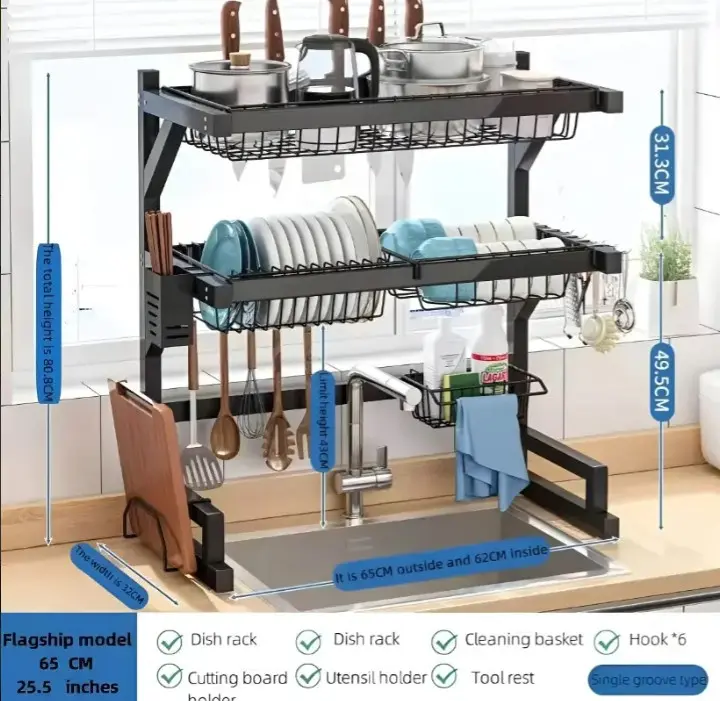 Escurridor de loza negro de 65 cm para sobreponer en lavaplatos, incluye dos niveles, porta utensilios, soporte para tabla y ganchos organizadores.