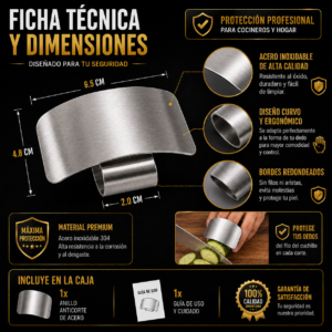 Protector de dedos de acero inoxidable para cortar alimentos, 6.5 cm de ancho y 4.8 cm de alto, con argolla ajustable y escudo ergonómico.