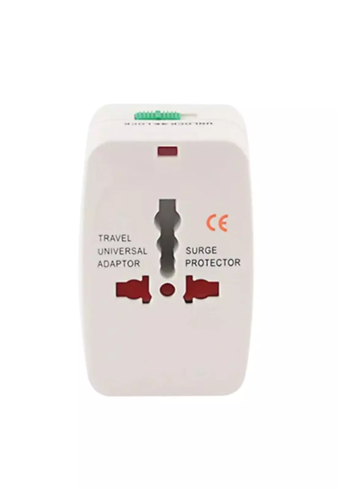 Adaptador de viaje universal blanco con toma múltiple y protector contra sobretensiones para múltiples países