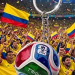 Llavero de caucho con balón de fútbol multicolor y cadena plateada, con fondo de hinchas colombianos celebrando en un estadio.