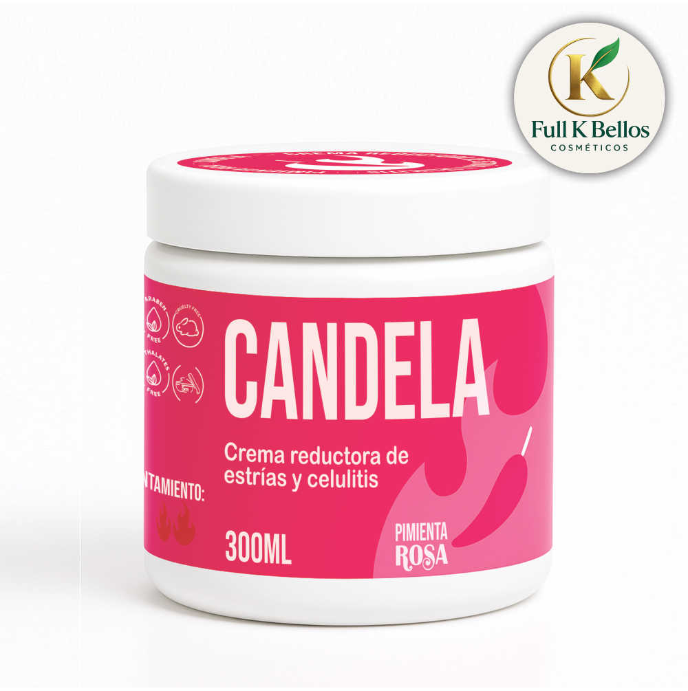 Crema reductora de estrías y celulitis Candela de 300 ml en envase blanco con etiqueta rosa y detalle de pimienta rosa.