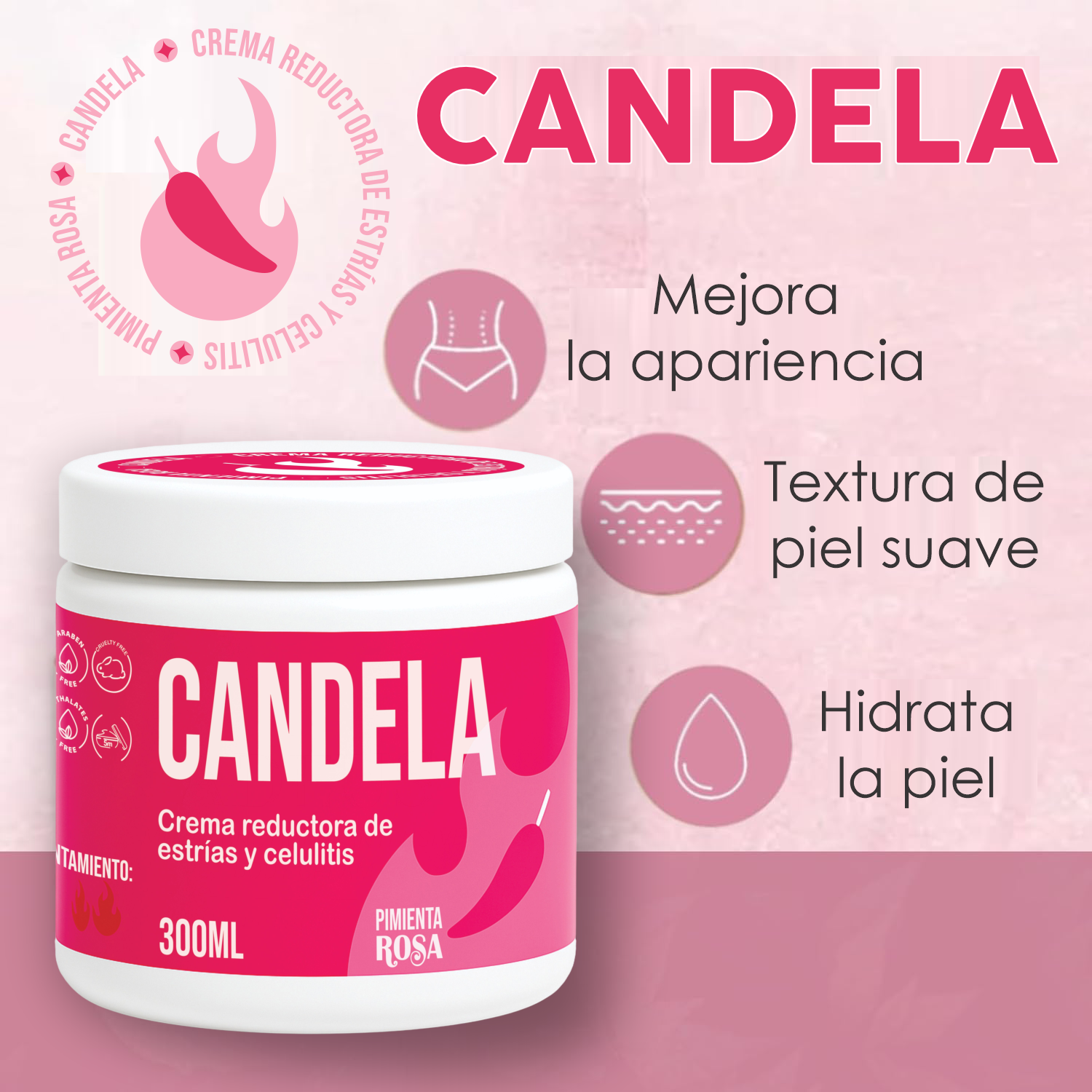 Crema reductora Candela de Pimienta Rosa de 300ml para estrías y celulitis en envase blanco y rosa, ideal para hidratar y suavizar la piel.