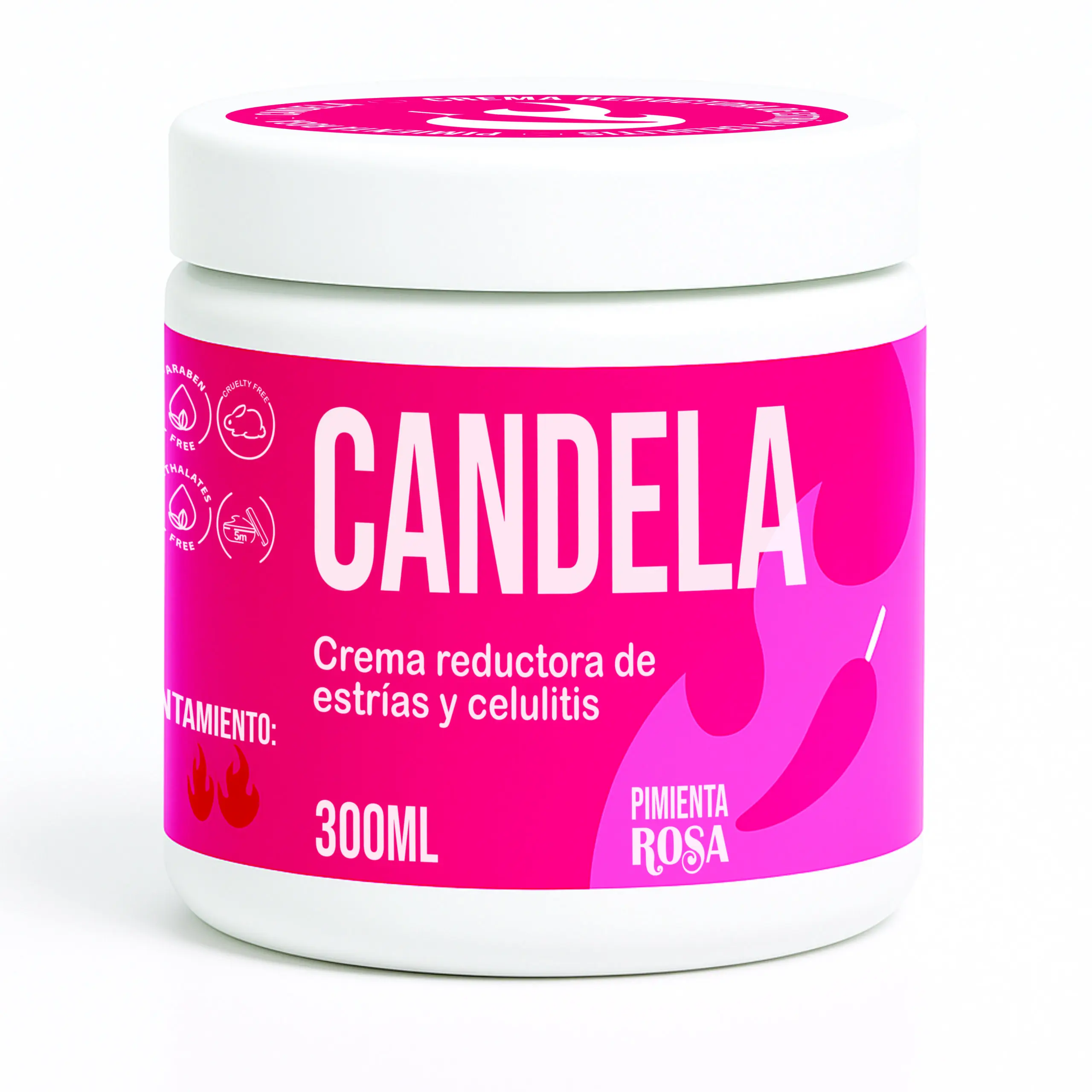 Tarro blanco de crema reductora anticelulitis Candela de 300 ml con etiqueta rosa brillante, diseño de fuego y texto explicativo.