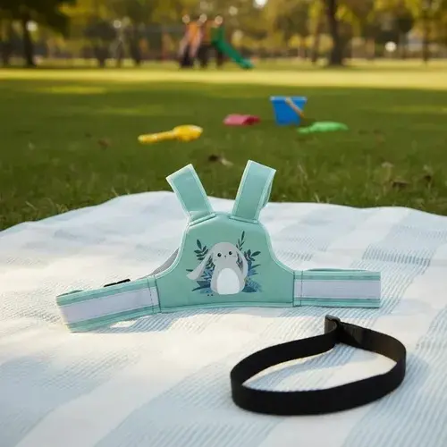 Arnés de seguridad para niños color menta con diseño de conejo y bandas reflectantes, junto a una correa negra sobre una manta en un parque.