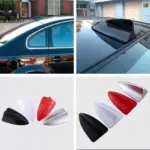 Antena aleta de tiburón para carro con diseño aerodinámico, disponible en colores negro, blanco, rojo y plateado para instalación sobre el techo.
