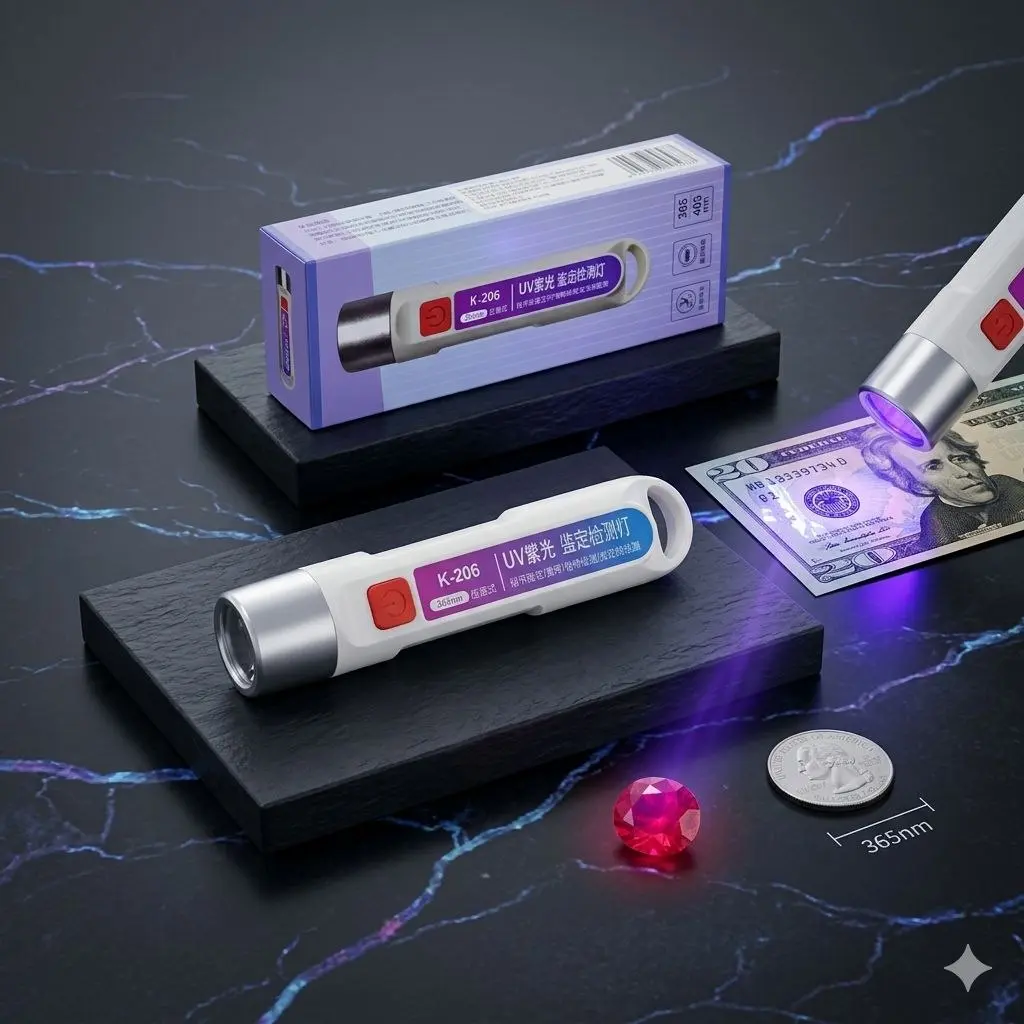 Linterna UV recargable blanca modelo K-206 con caja, sobre superficie oscura iluminando una gema roja y billete al lado de una moneda.