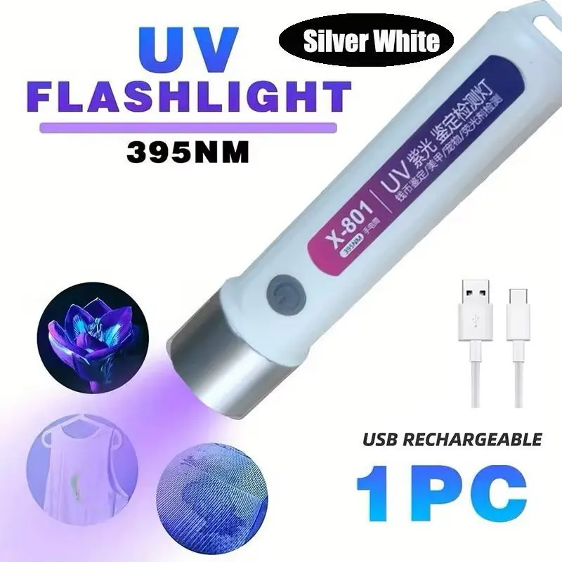 Linterna UV recargable de luz 395nm en color blanco plateado, con cable USB y ejemplos de detección de manchas y billetes fluorescentes.
