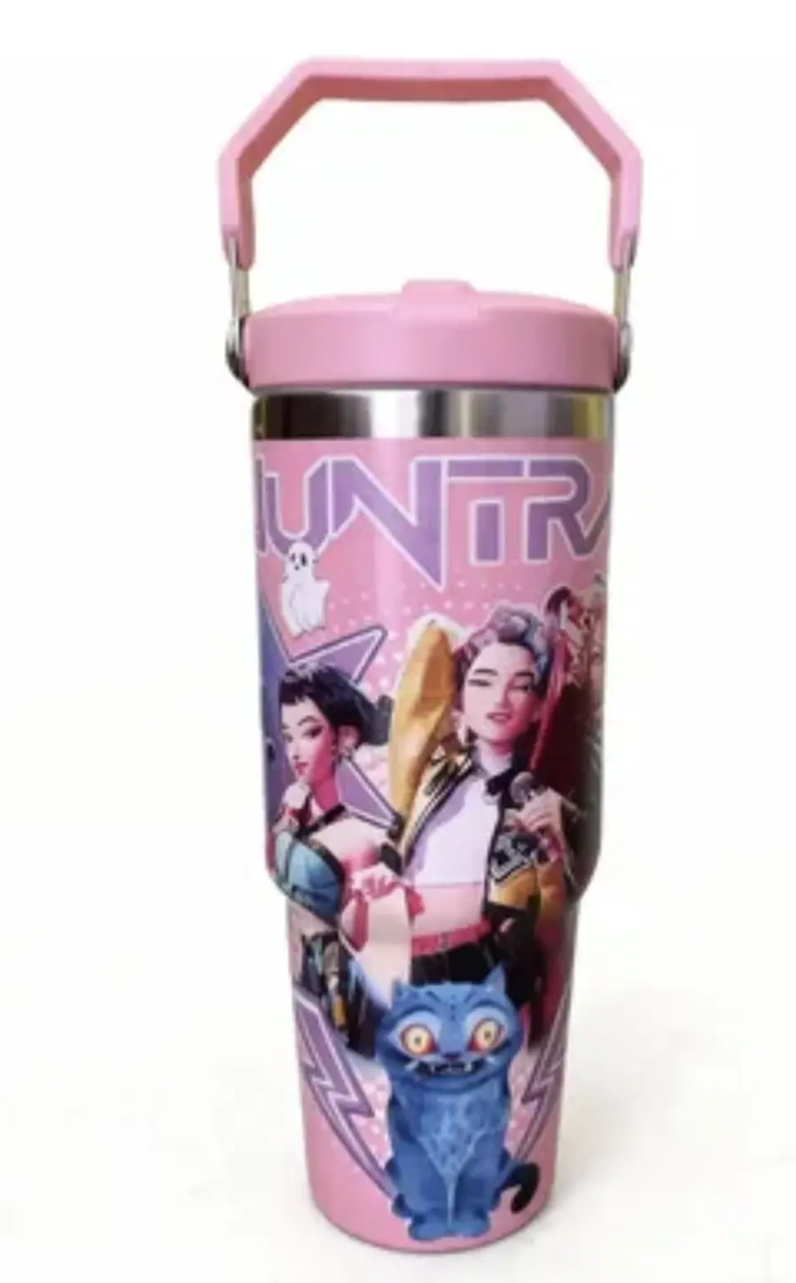 Termo rosa de acero inoxidable con diseño de guerreras K-Pop, gato azul y asa superior.