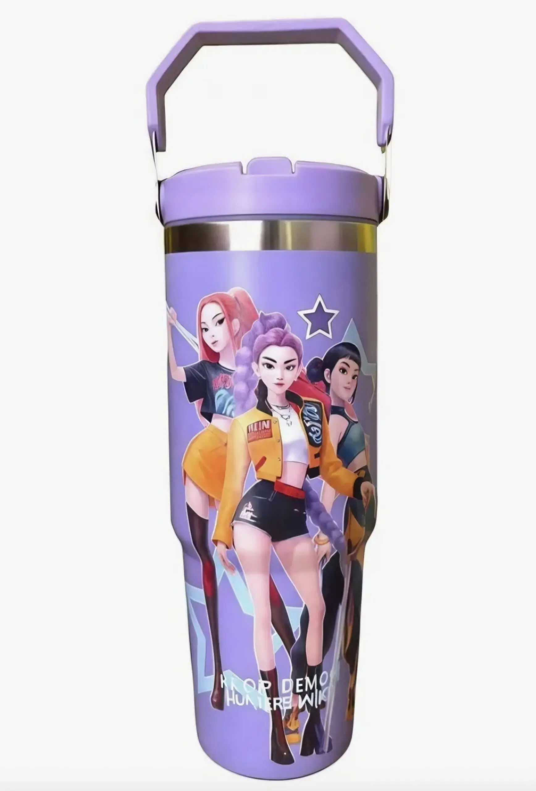 Termo de acero inoxidable morado con diseño de tres guerreras K-Pop, tapa y asa de color lila