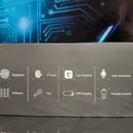 Caja gris de cerradura inteligente biométrica con iconos blancos de huella, contraseña, TTLock, Tuya Bluetooth, llave, USB, voz y control remoto.