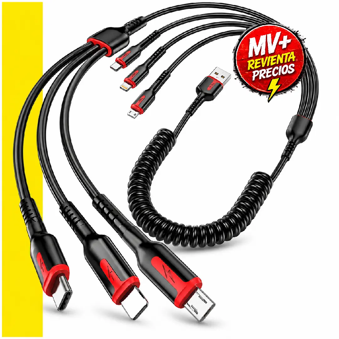 Cable múltiple 3 en 1 negro con resorte retráctil y conectores USB, Tipo C, Micro USB y Lightning.