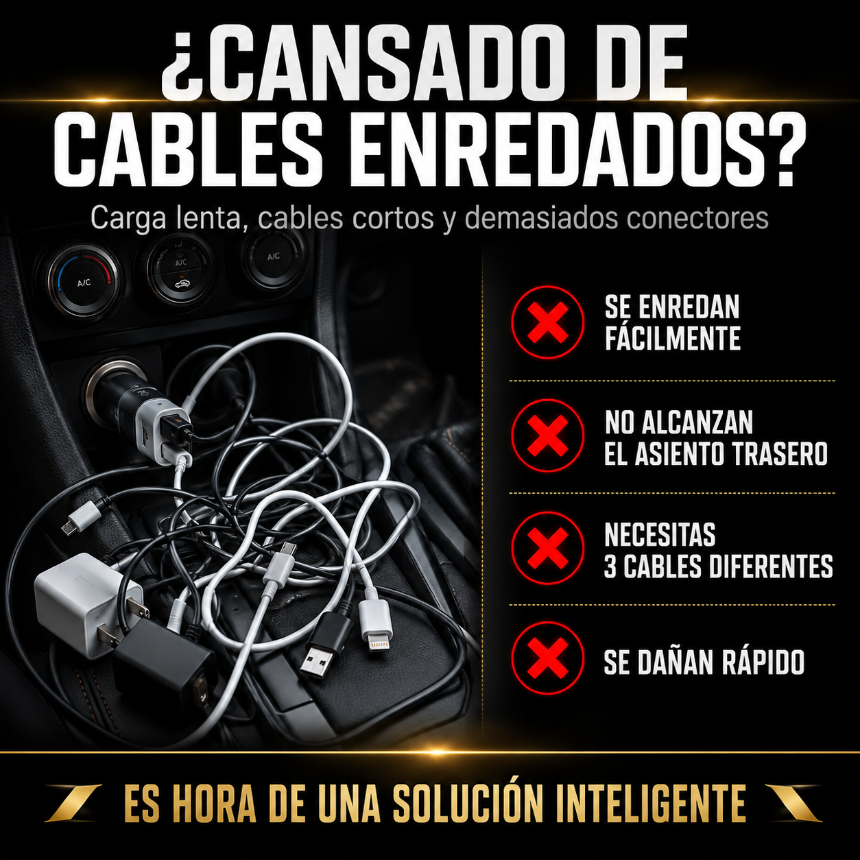 Set de dos cables retráctiles negros y blancos en espiral con múltiples conectores para cargar dispositivos en el carro sin enredos.