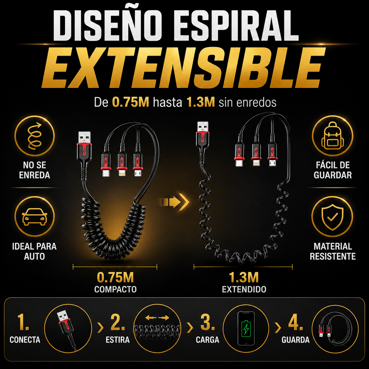 Cable retráctil en espiral color negro con conector USB y tres salidas simultáneas tipo C, Lightning y Micro USB, extensible de 0.75 a 1.3 metros