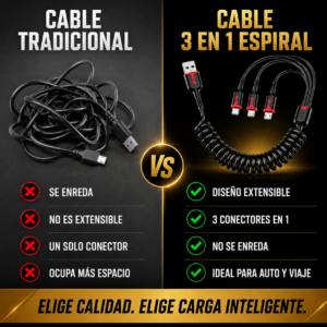 Set x2 Cable Multi 3 en 1 Espiral Retráctil para Carga Simultánea - Evita Enredos y Conecta Tres Dispositivos a la Vez