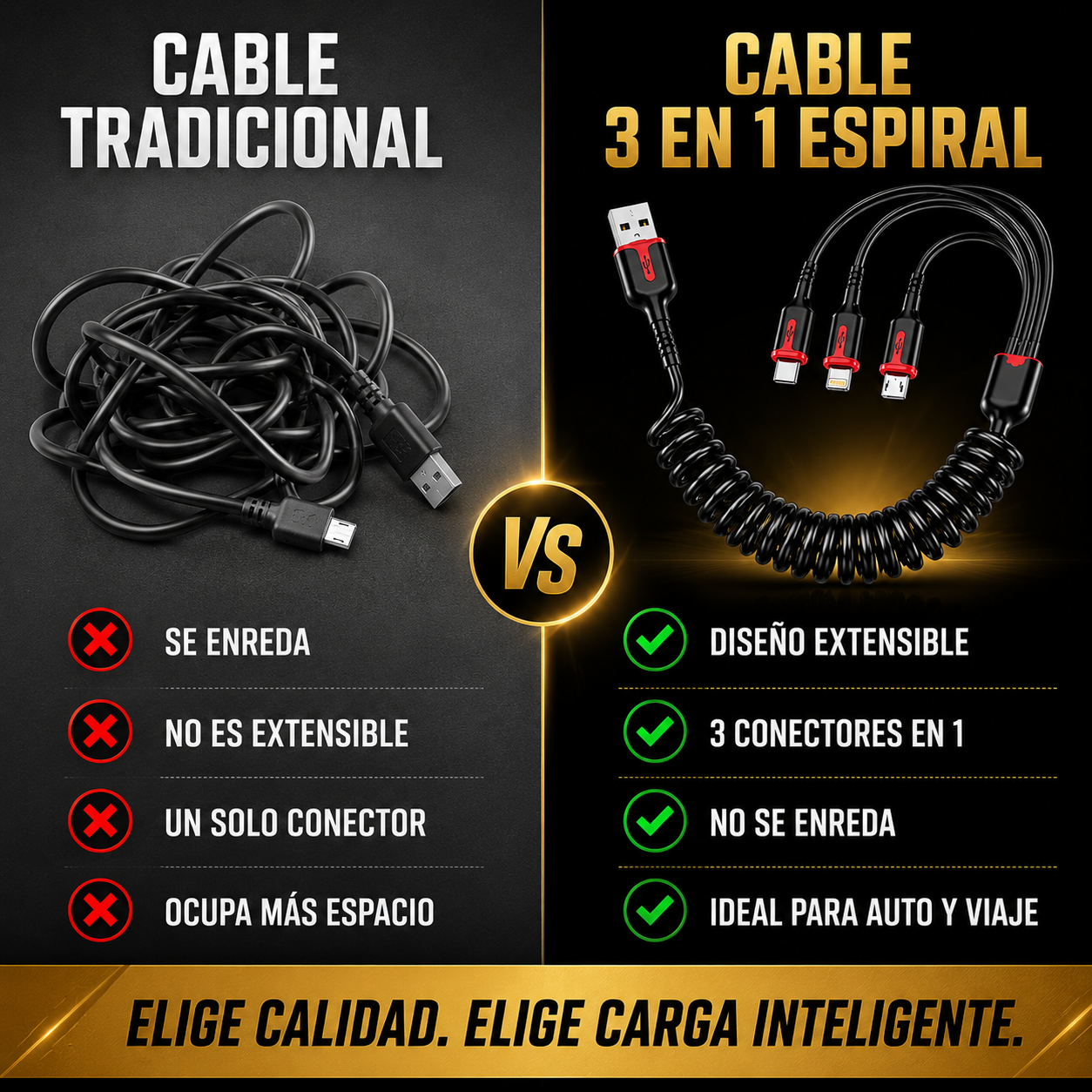 Cable espiral retráctil negro 3 en 1 con conectores USB múltiples frente a cable tradicional enredado.