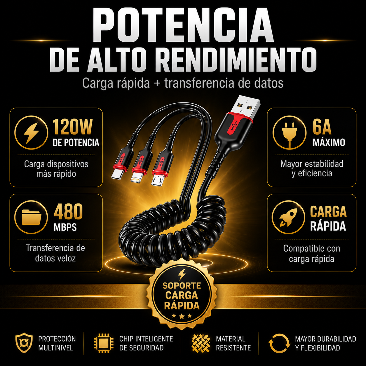 Cable multi 3 en 1 espiral retráctil negro con conectores USB, Tipo C, Micro USB y Lightning, ideal para carga rápida y transferencia de datos.