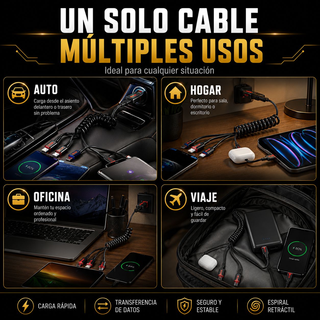 Cable multi 3 en 1 en espiral retráctil con tres conectores de salida simultánea, mostrado en uso para auto, hogar, oficina y viajes.