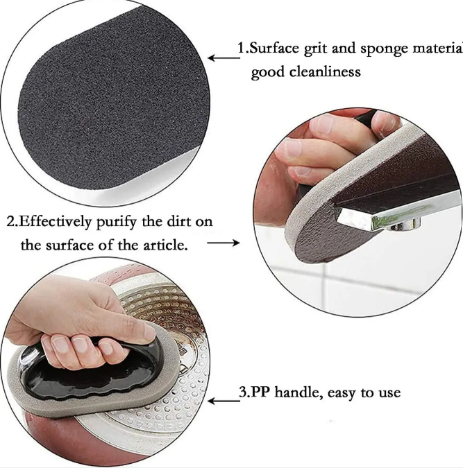 Esponja abrasiva para limpieza con empuñadura de plástico negro y base gris texturizada para remover grasa difícil en ollas.