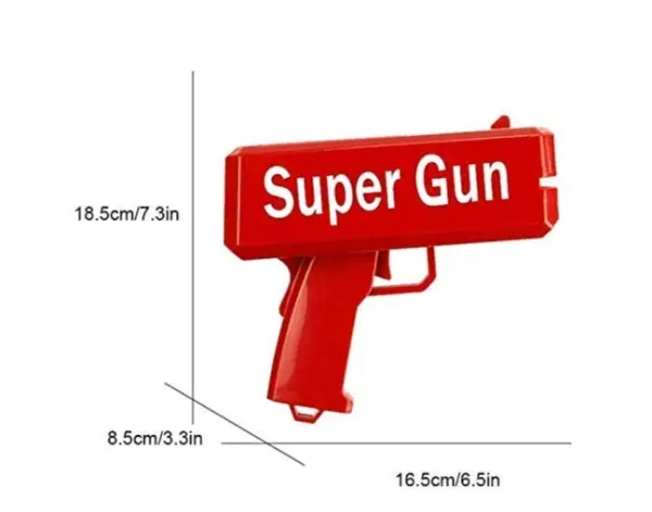 Pistola dispensadora de dinero roja de 16,5 por 18,5 cm con la frase Super Gun en blanco, ideal para fiestas y eventos