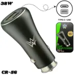 Cargador de carro negro mate CR-56 de 38W con puertos USB y Tipo-C, diseño ergonómico curvo y base metálica para encendedor de auto.