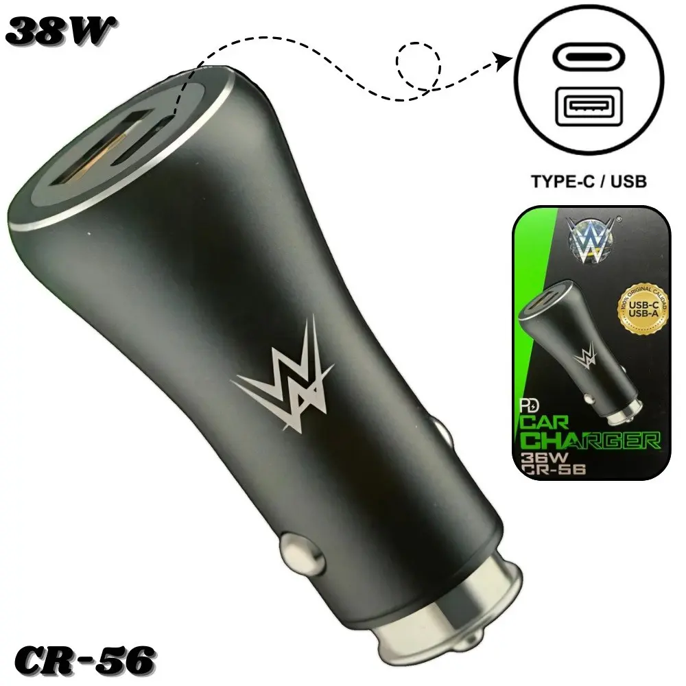 Cargador de carro negro mate CR-56 de 38W con puertos USB y Tipo-C, diseño ergonómico curvo y base metálica para encendedor de auto.