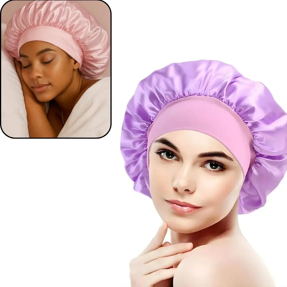 Gorro de satín morado y rosa para dormir, suave, brillante y antifrizz, mostrado en modelo de frente y otra persona durmiendo.