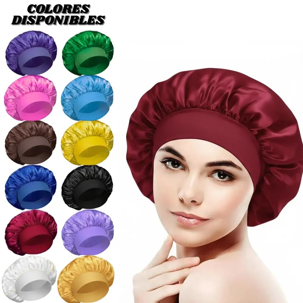Gorro de satín burdeos para dormir con banda ancha y 12 colores disponibles en muestra lateral para reducir frizz y proteger el cabello