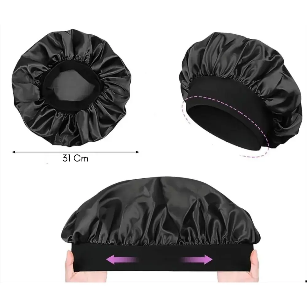 Gorro de satín negro con banda elástica ancha para dormir, diámetro de 31 cm, diseño antifrizz y suave para proteger el cabello.