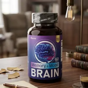Suplemento Vitaluxa para memoria en frasco oscuro con etiqueta morada y diseño de cerebro, sobre escritorio de madera con libreta y libros.