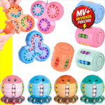 Set de juguetes antiestrés tipo fidget spinner y rompecabezas giratorios con formas de pulpo y cilindros, en diversos colores pasteles y brillantes.
