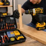 Hombre con guantes perfora un listón de madera vertical con taladro percutor inalámbrico amarillo y negro sobre una mesa de trabajo con maletín abierto que incluye kit de herramientas, brocas, pinzas, destornilladores y tornillos.