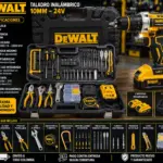Taladro inalámbrico Dewalt amarillo y negro con estuche rígido, kit de herramientas, dos baterías de 24V y accesorios de perforación.