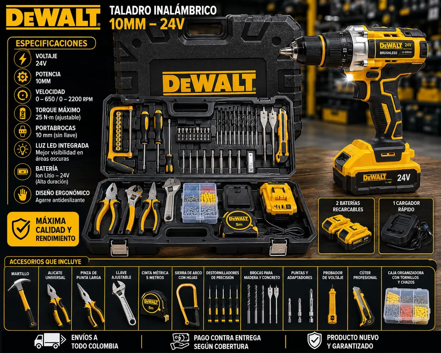 Taladro inalámbrico Dewalt amarillo y negro con estuche rígido, kit de herramientas, dos baterías de 24V y accesorios de perforación.