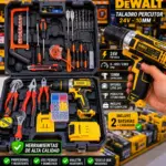 Taladro percutor inalambrico DeWalt 24V amarillo y negro con maletin rigido, dos baterias, cargador, juego de brocas, pinzas, llaves y tornillos organizados.