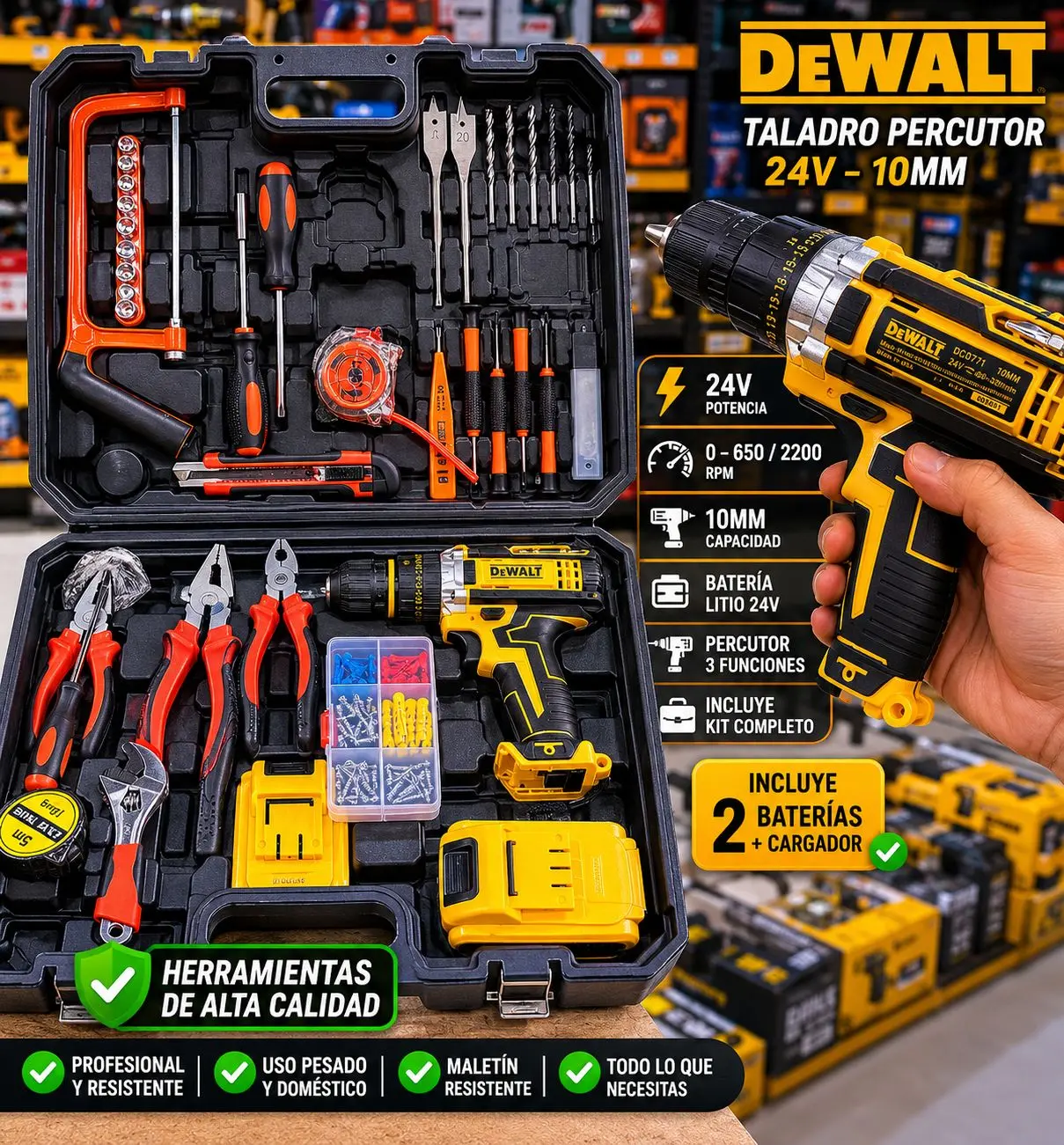 Taladro percutor inalambrico DeWalt 24V amarillo y negro con maletin rigido, dos baterias, cargador, juego de brocas, pinzas, llaves y tornillos organizados.