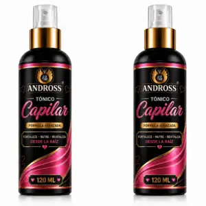 Dos frascos negros de Andross Tónico Capilar de 120 ml con ondas doradas y rosadas para fortalecer la raíz y revitalizar el cabello.