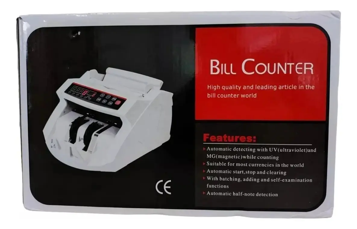 Empaque de máquina contadora de billetes. La caja blanca con detalles rojos y negros resalta funciones de detección UV y MG.