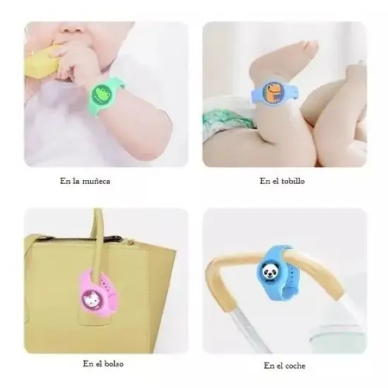Manillas de silicona de colores con figuras de animales, usadas en muñecas, tobillos, bolsos y cochecitos para protección contra mosquitos.