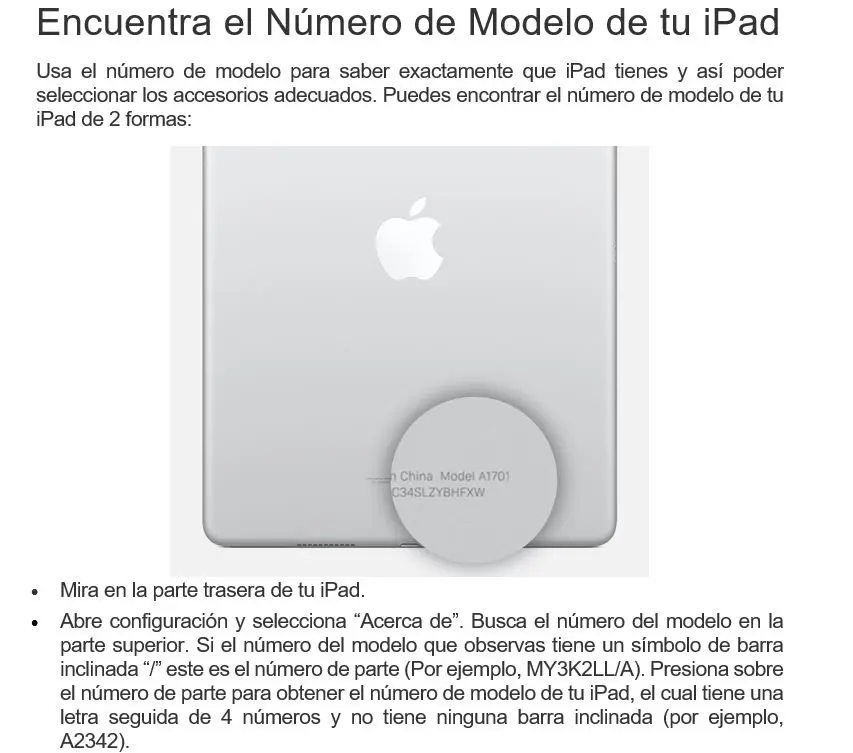 Guía visual para localizar el número de modelo en la parte trasera de un iPad, mostrando la ubicación del código alfanumérico grabado en el dispositivo.