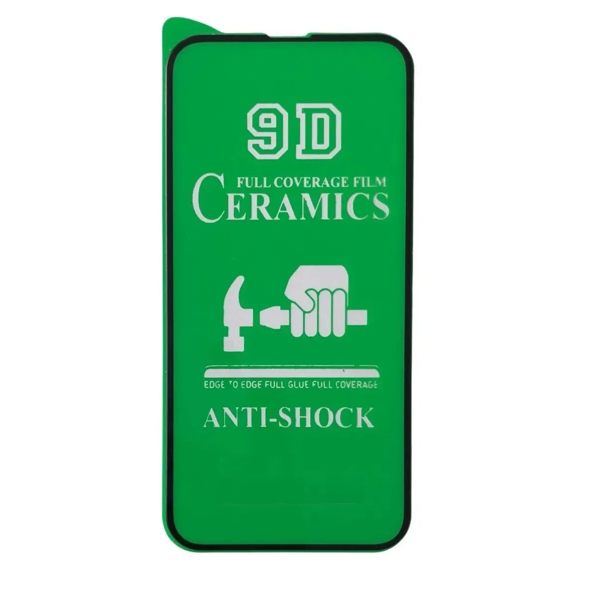Protector cerámico verde 9D para iPhone 13 Mini, full coverage, anti-shock y alta resistencia a impactos con borde negro.