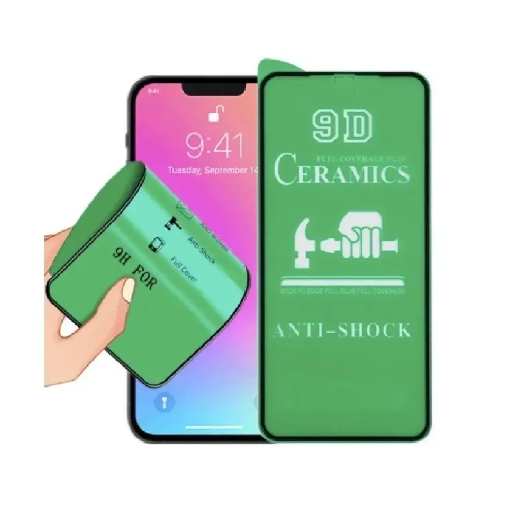 Protector de pantalla cerámico verde 9D para iPhone 13 Mini, flexible y resistente a impactos.