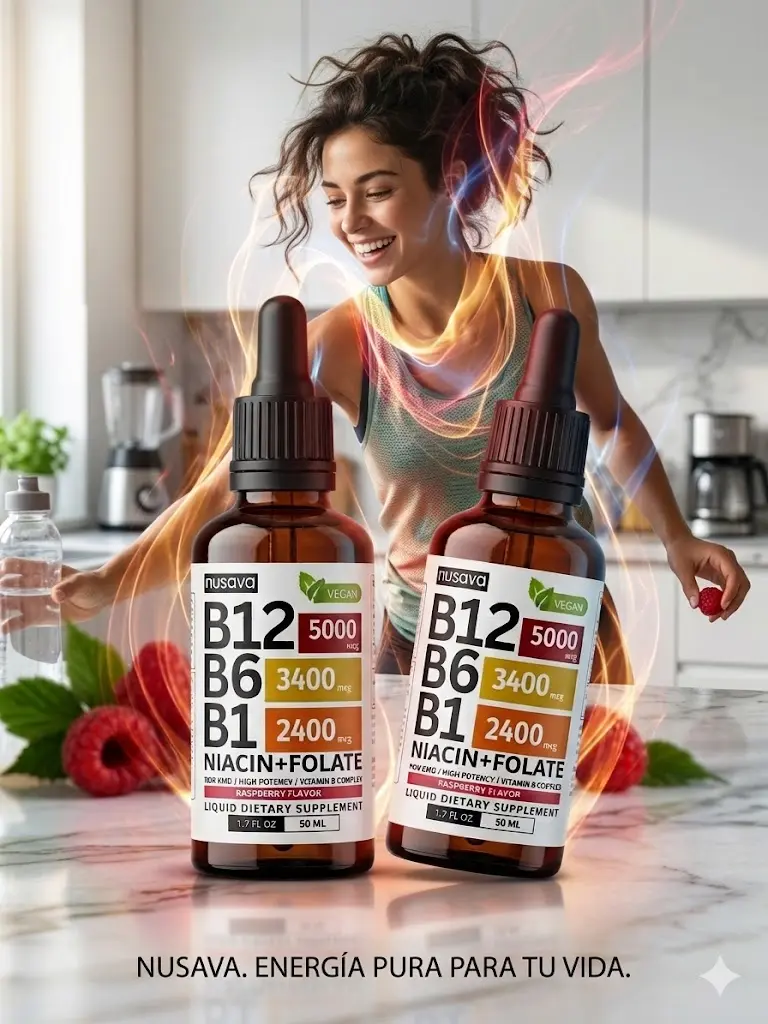 Set de dos frascos goteros de vidrio ámbar con suplemento líquido complejo B de 50 ml, sobre encimera con frambuesas y mujer sonriente al fondo.