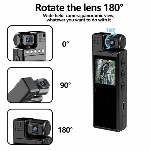 Cámara de seguridad portátil color negro con lente giratorio de 180 grados, pantalla LCD y botones laterales de control.