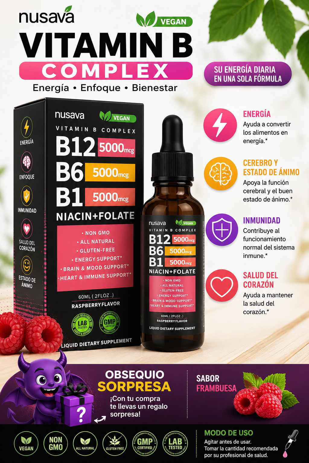 Nusava Vitamina B Complex Líquido Sabor Frambuesa Set x2 - Recupera la energía diaria y mejora tu enfoque mental