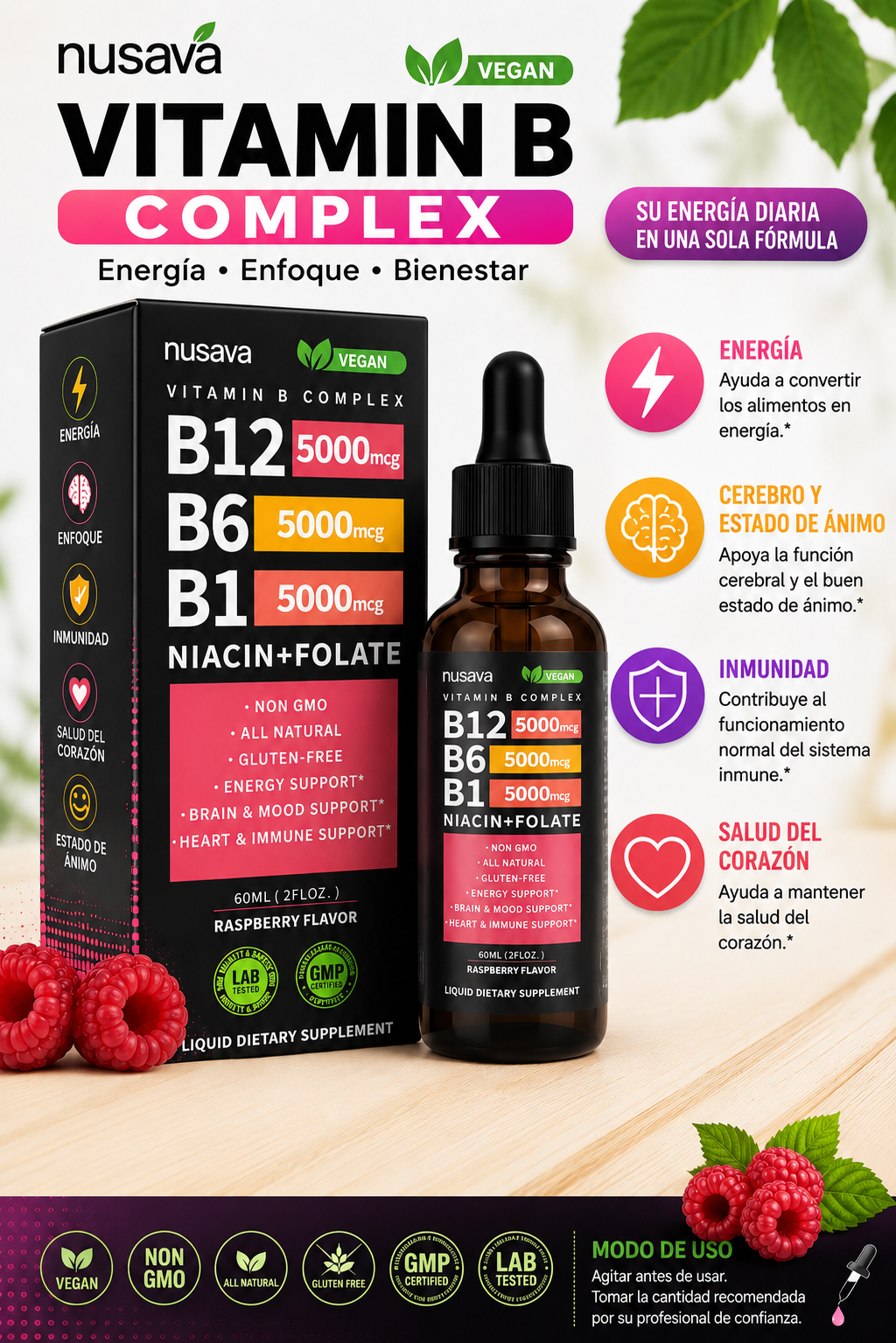 Nusava Vitamina B Complex Líquido Sabor Frambuesa Set x2 - Recupera la energía diaria y mejora tu enfoque mental