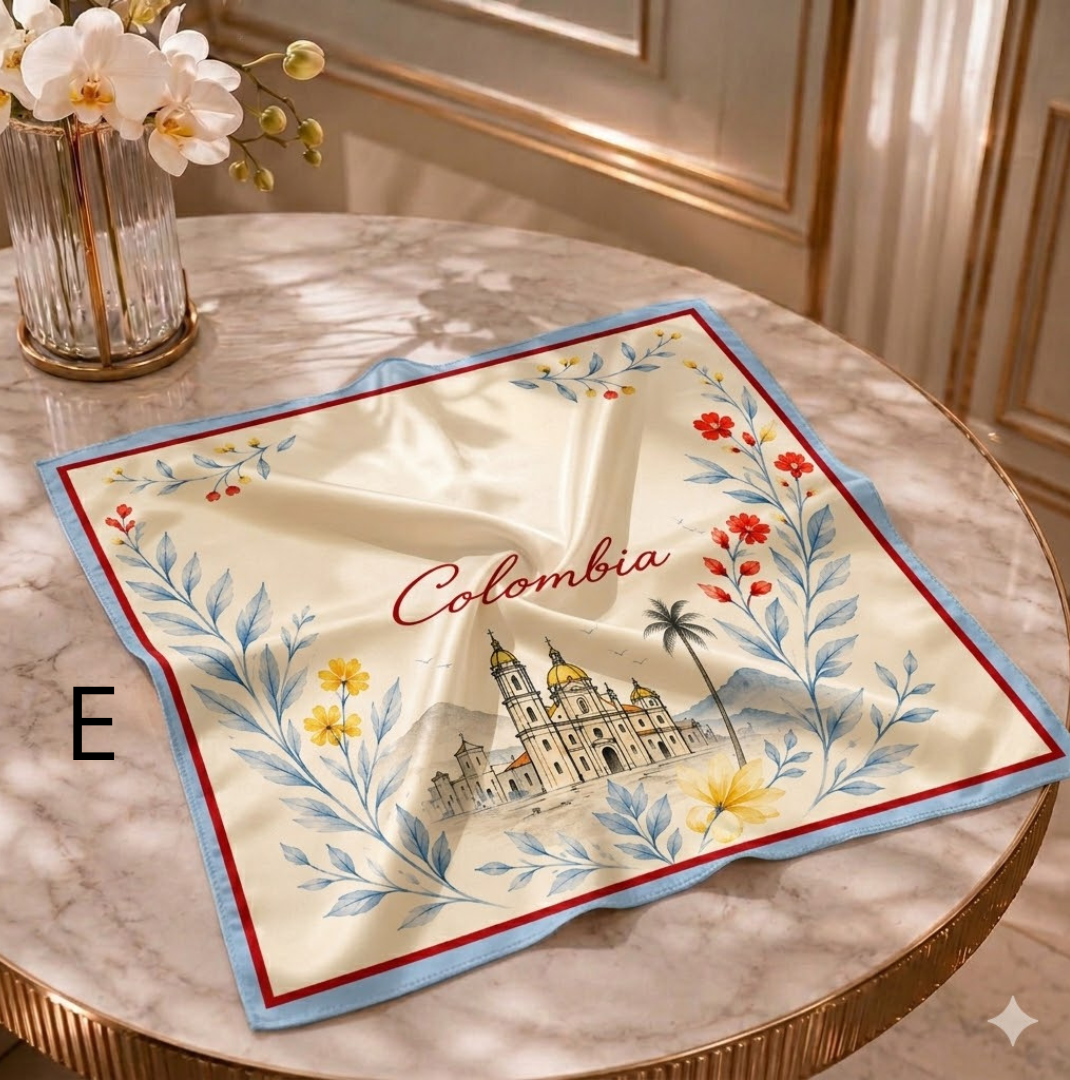 Pañoleta de seda beige con estampado de catedral, palmera, flores y la palabra Colombia, borde rojo y celeste.