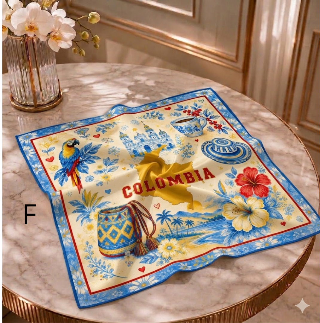 Pañoleta de seda color crema y azul de 70x70 cm con mapa, tucán y flores, ideal para cabello o cuello.
