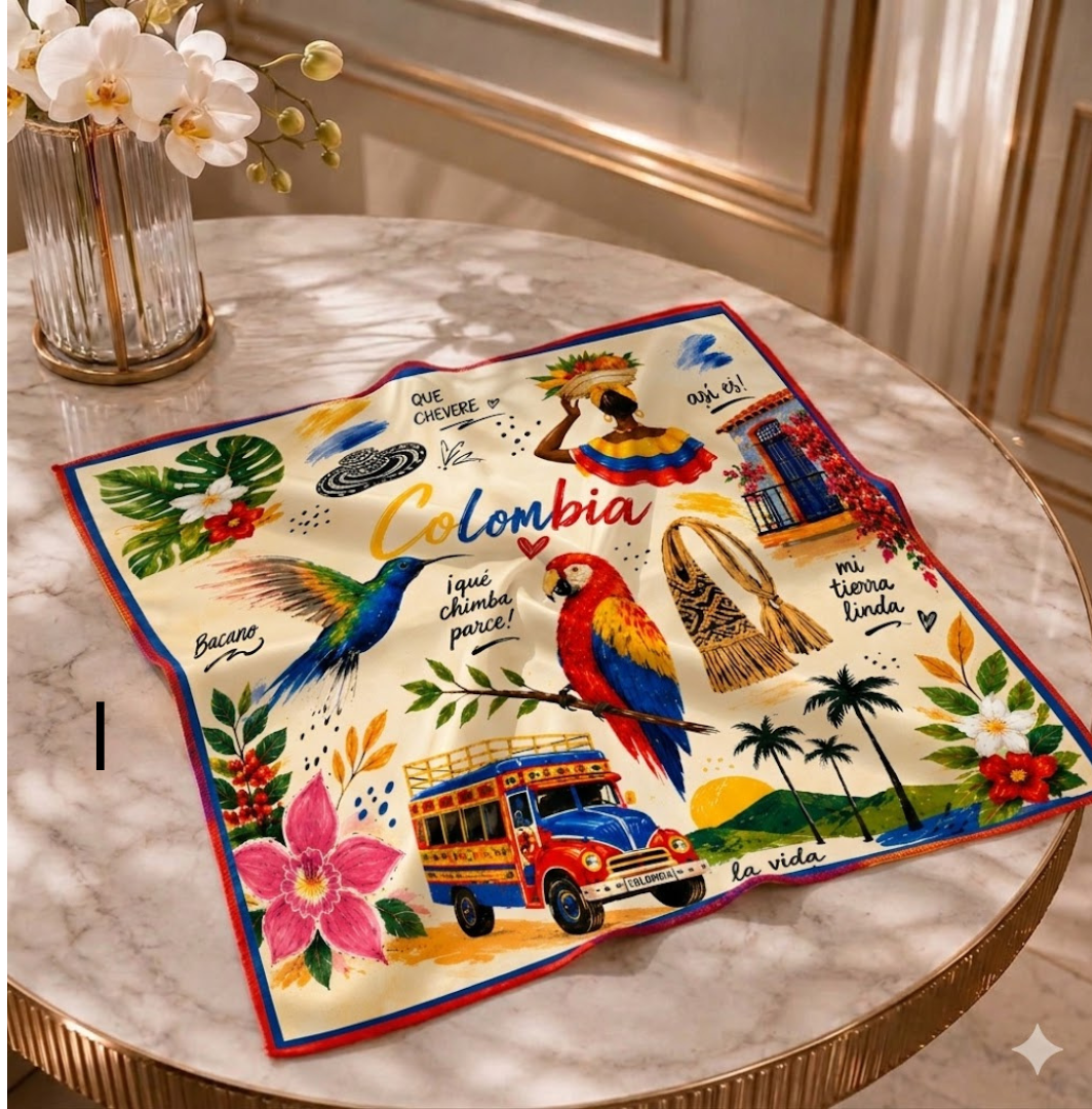 Pañoleta de seda beige 70x70 cm con estampado colorido de símbolos colombianos como colibrí, loro, chiva y flores tropicales sobre mesa de mármol