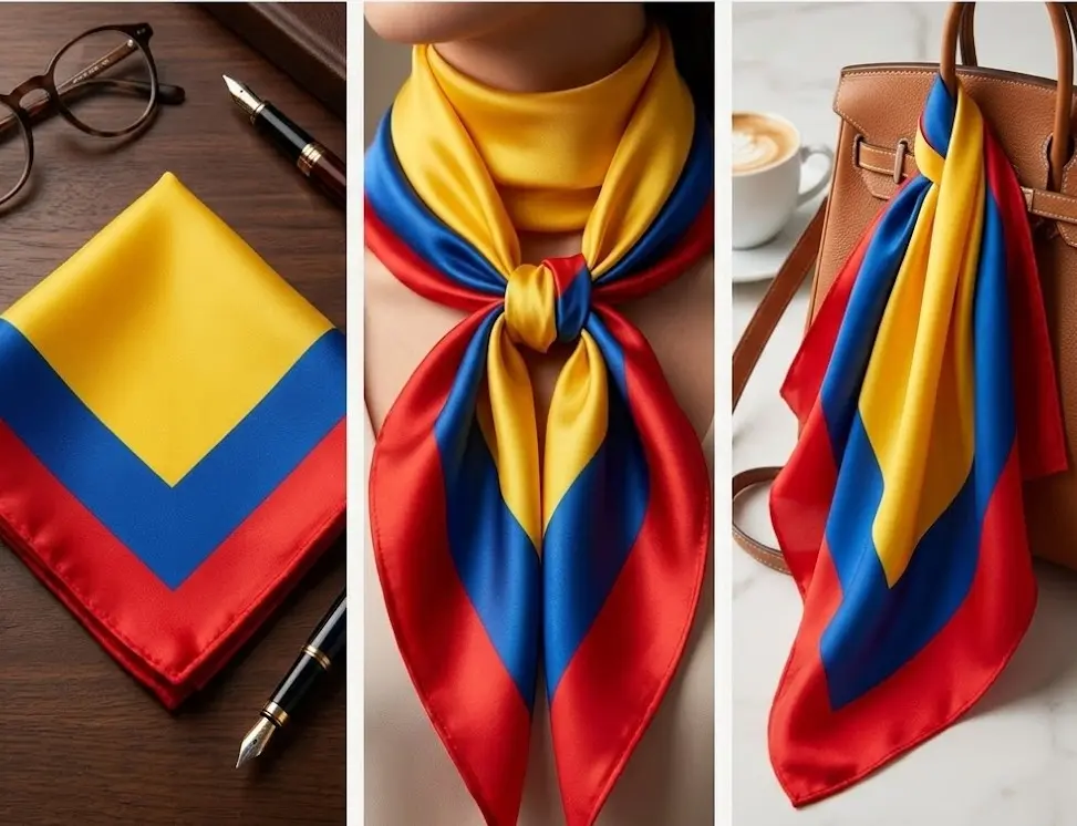 Pañoleta de seda amarilla, azul y roja de 70x70 cm con diseño tricolor, mostrada doblada, atada al cuello y colgada en un bolso.
